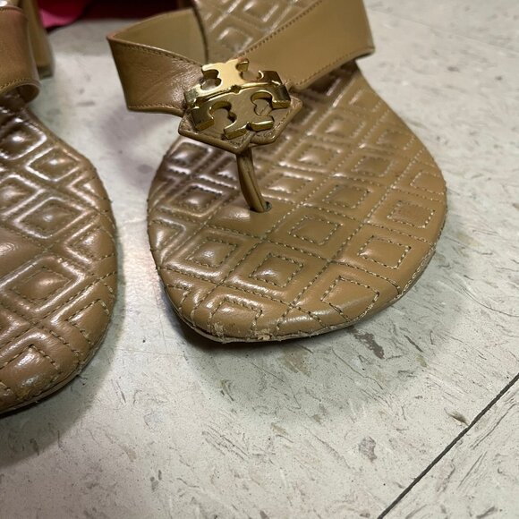 TORY BURCH Beige Nude Quilted Thong Mule Sandals Block Heel *RARE - Picture 13 of 14